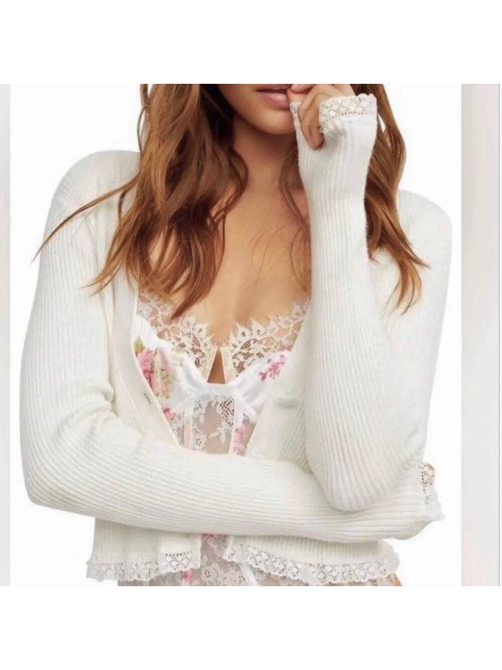 For Love & Lemons Nina Cardigan – White Ribbed Lace Trim Cardigan – Size XS